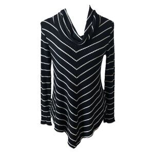 B.DESIGN Womens Medium Tunic Black White Striped Handkerchief Hem Cowl Neck M